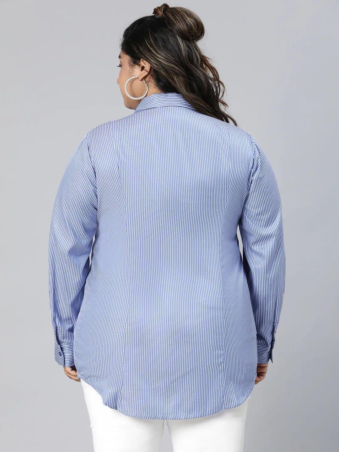 Formal Blue Stripe Print Long Sleeve Plus Size Cotton Shirt - Image 5