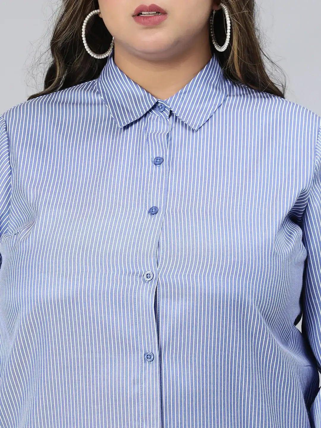 Formal Blue Stripe Print Long Sleeve Plus Size Cotton Shirt - Image 6