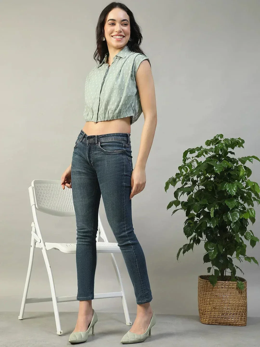 Forth Green Collared Short Sleeve Button Down Yarn Dyed Boota Dobby Women Cotton Crop Shirt - Image 2
