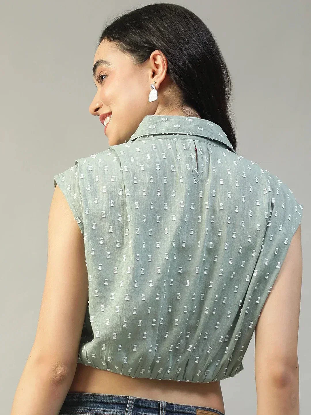 Forth Green Collared Short Sleeve Button Down Yarn Dyed Boota Dobby Women Cotton Crop Shirt - Image 5
