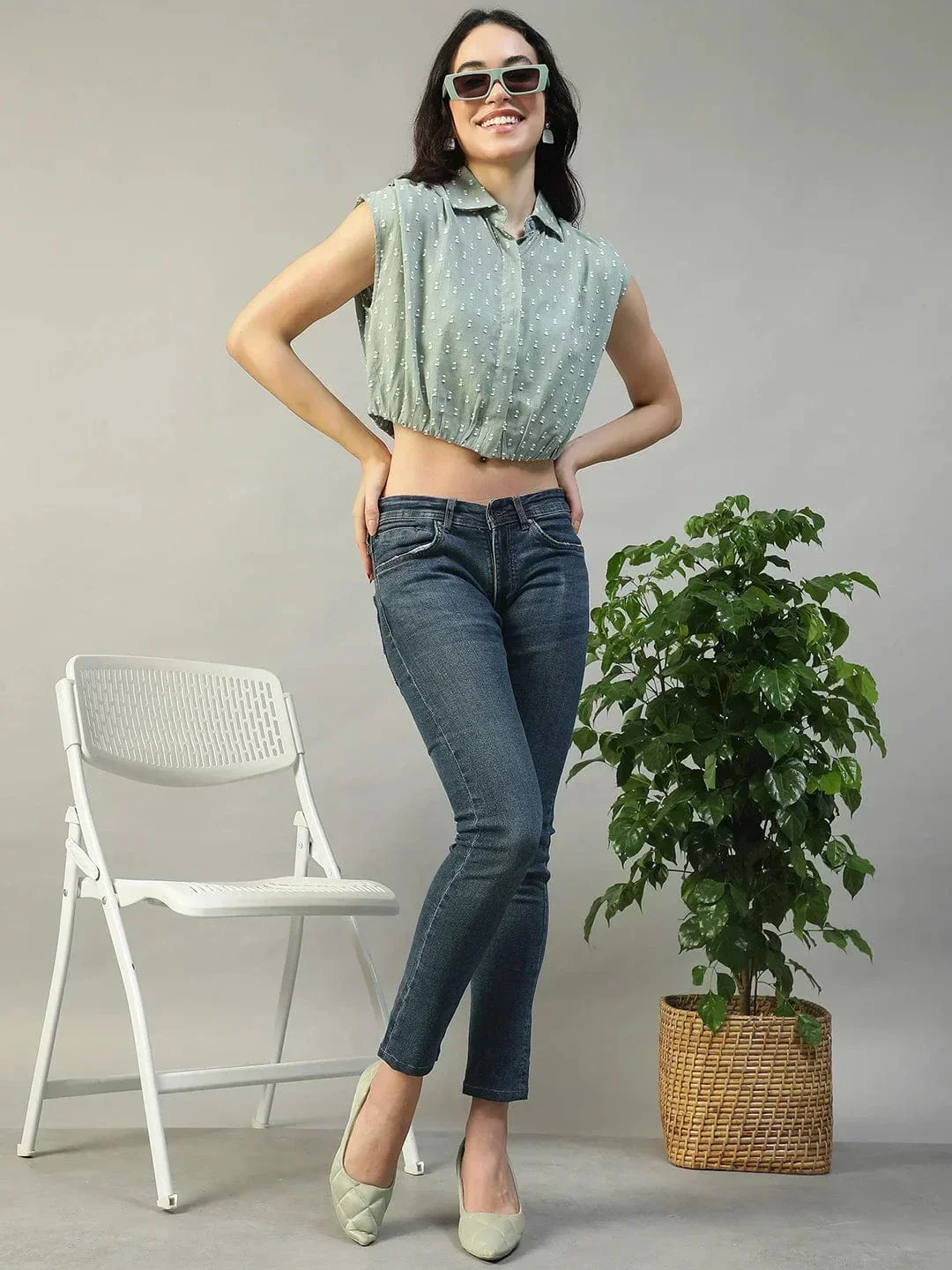 Forth Green Collared Short Sleeve Button Down Yarn Dyed Boota Dobby Women Cotton Crop Shirt - Image 8