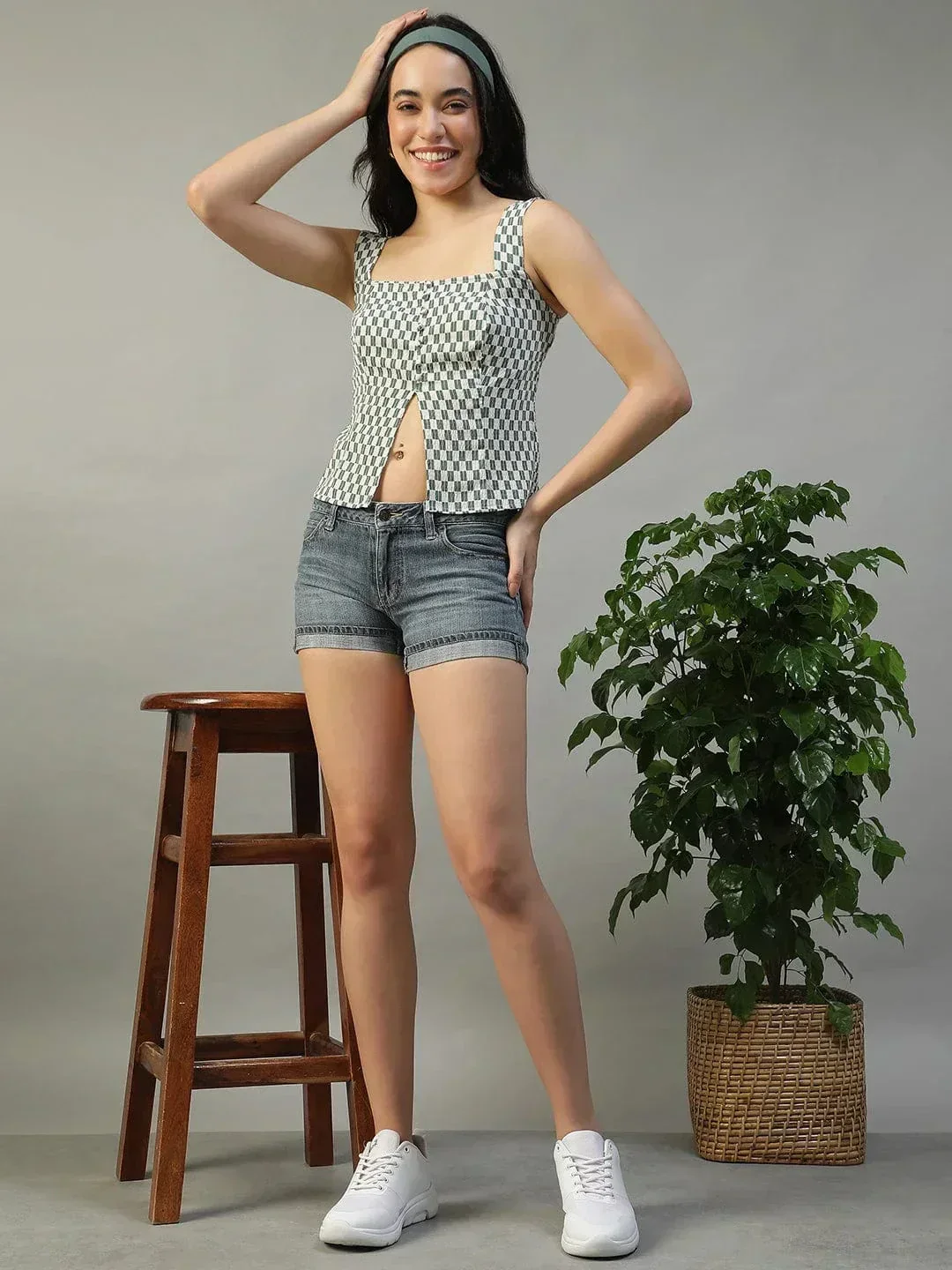 Forward Green Check Print Smocked Button Down Women Seersucker Dobby Top - Image 2