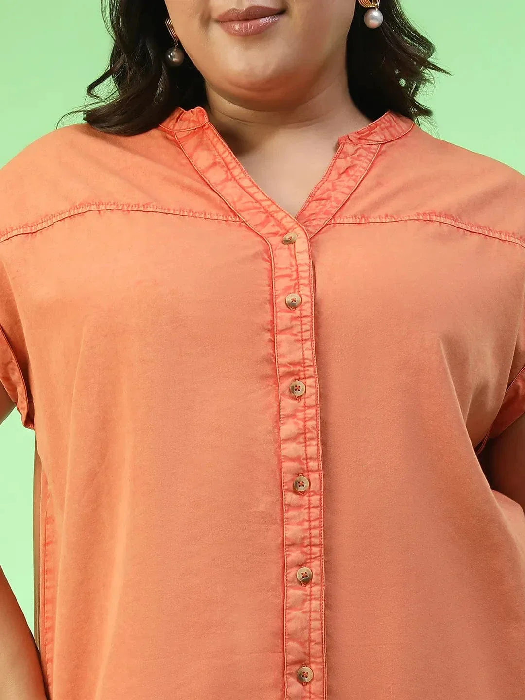 Forward orange Short Sleeve Button Down Plus Size Women Cotton Top - Image 6