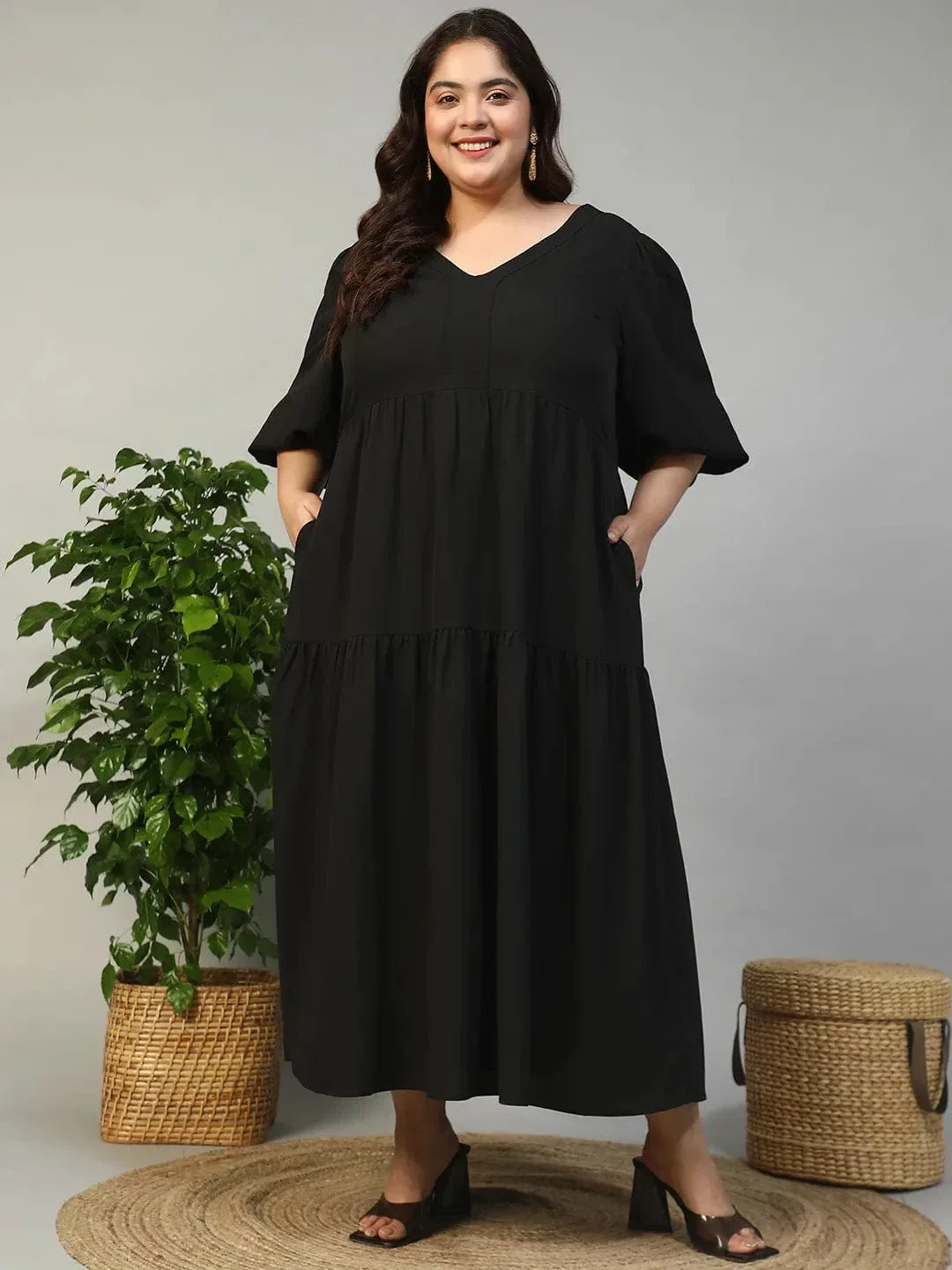 Fresh Black Short Balloon Sleeve Plus Size Women Long Maxi Dress