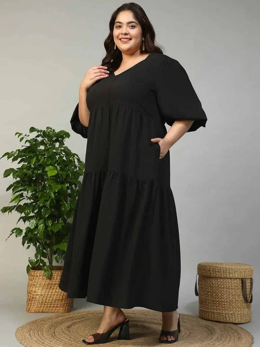 Fresh Black Short Balloon Sleeve Plus Size Women Long Maxi Dress - Image 3