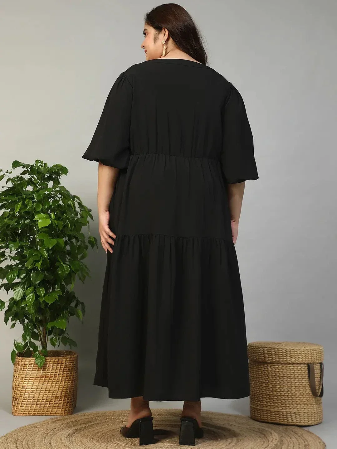 Fresh Black Short Balloon Sleeve Plus Size Women Long Maxi Dress - Image 5