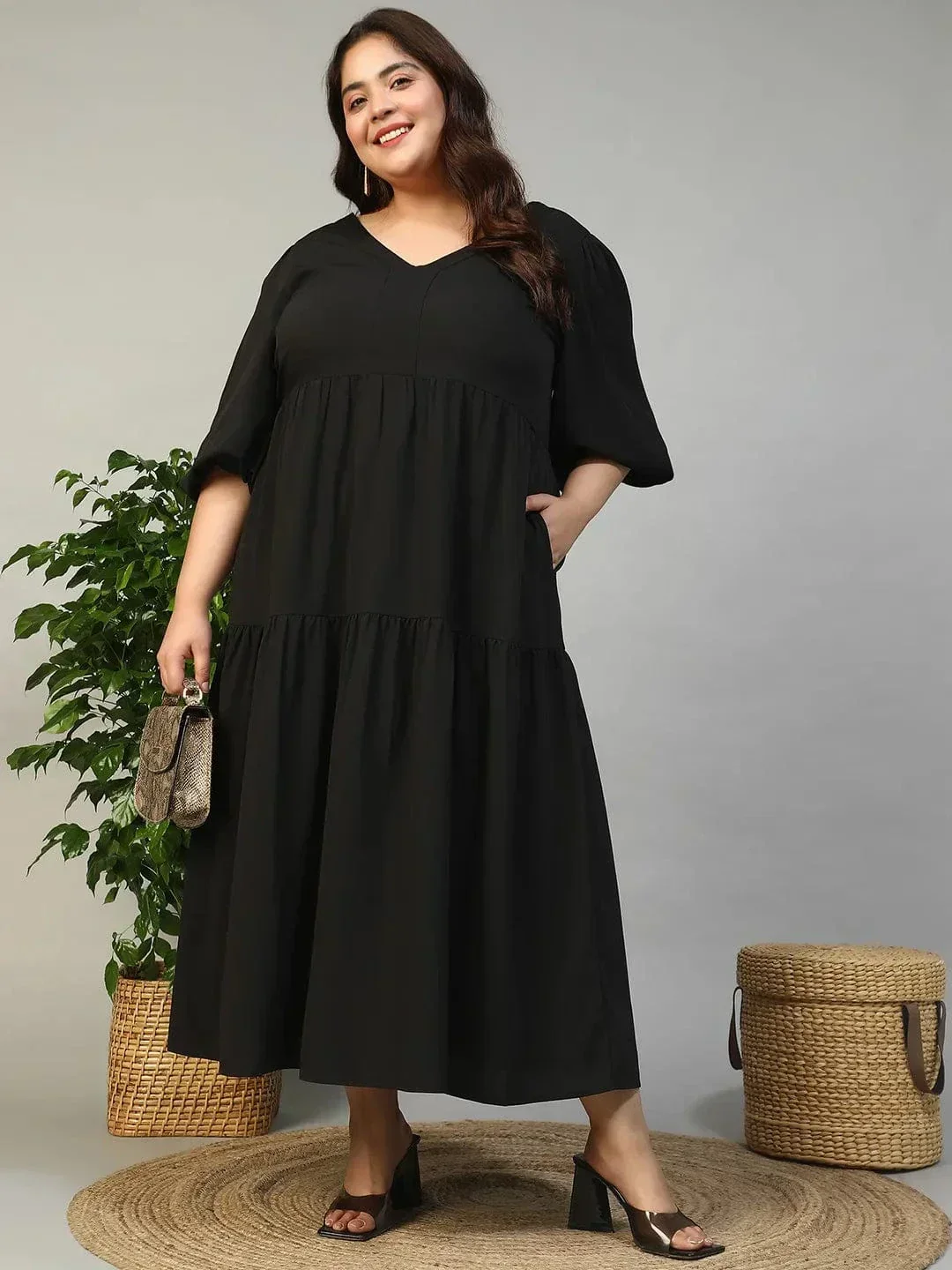 Fresh Black Short Balloon Sleeve Plus Size Women Long Maxi Dress - Image 7