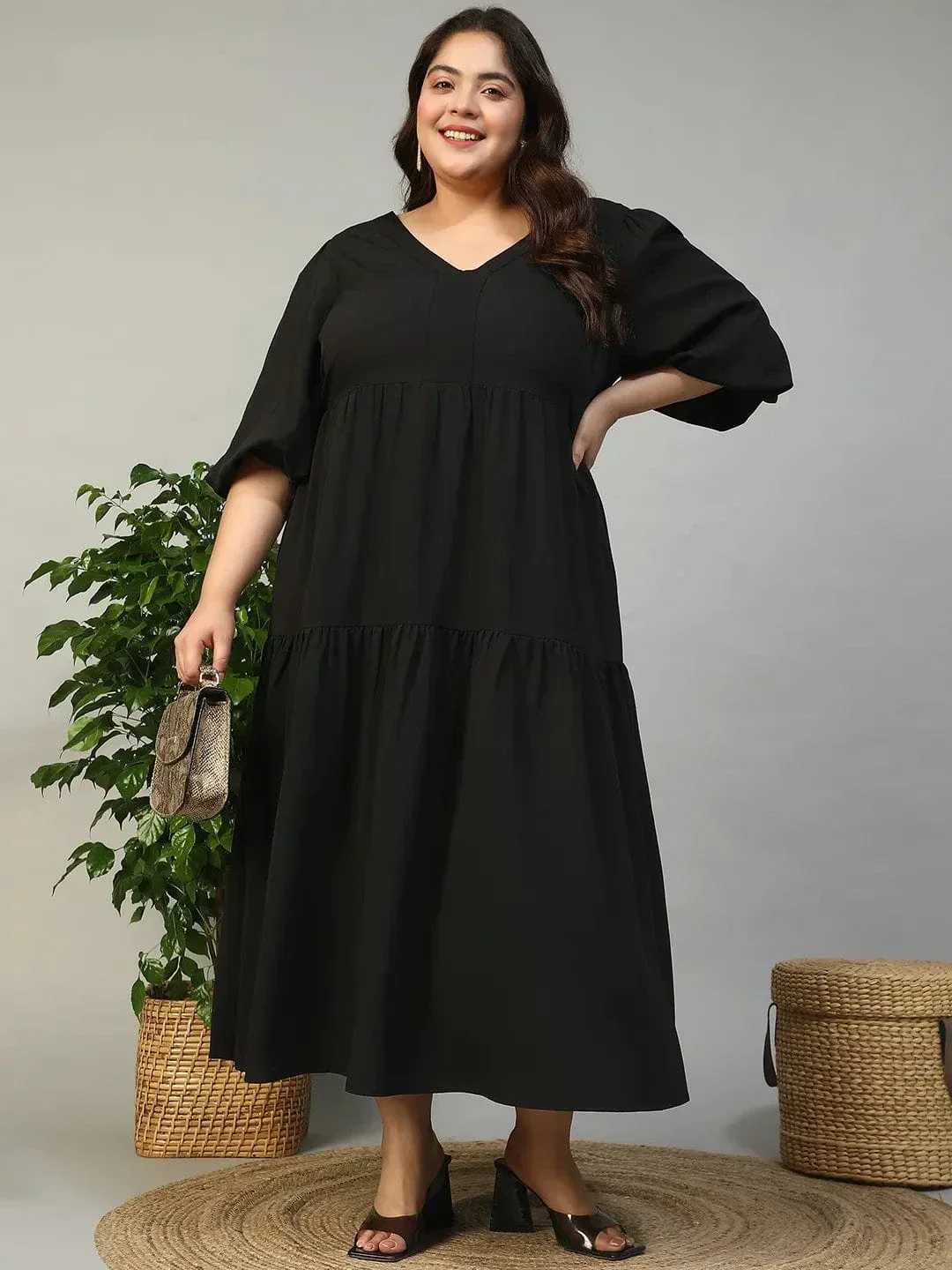 Fresh Black Short Balloon Sleeve Plus Size Women Long Maxi Dress - Image 8