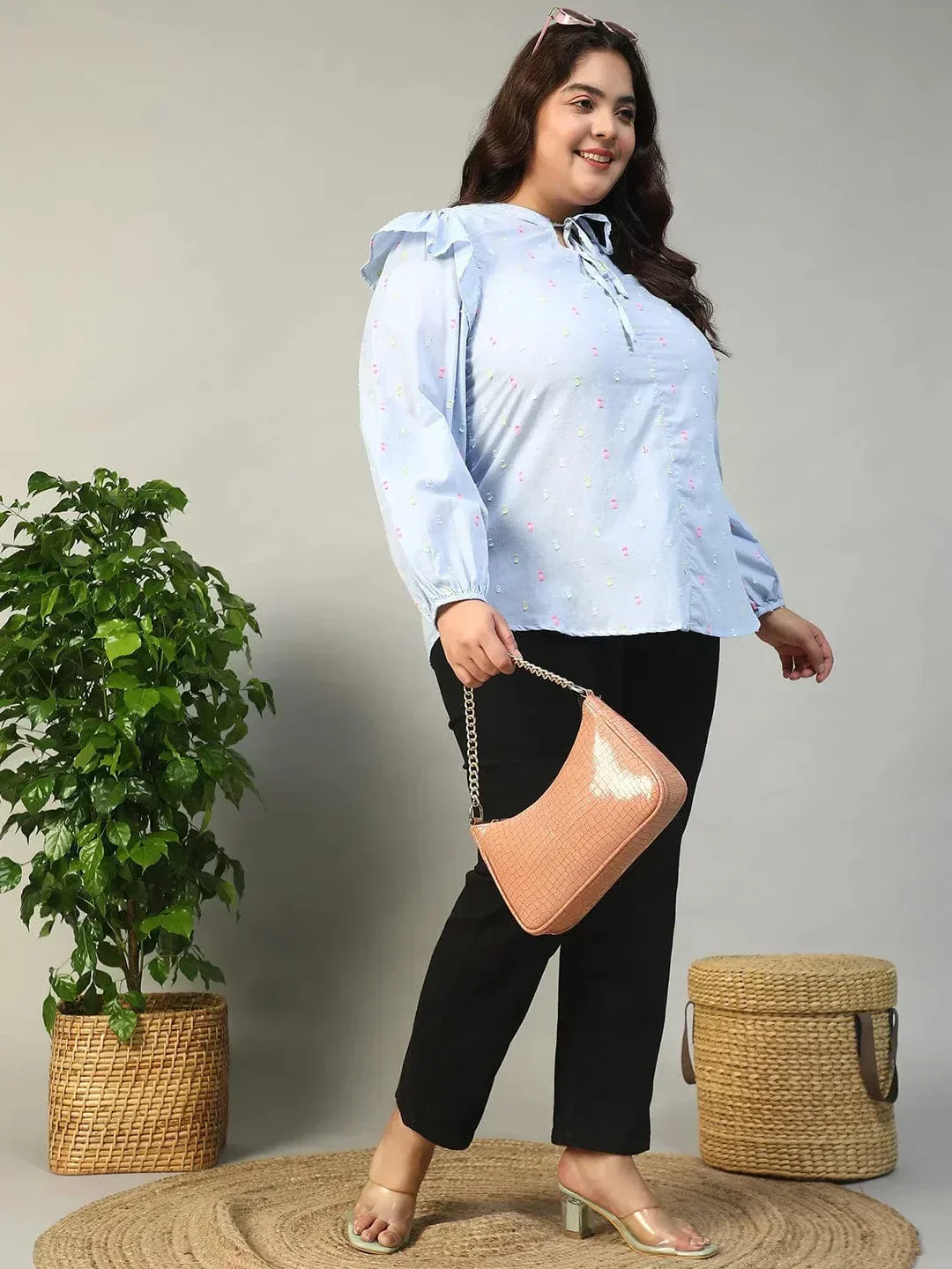 Fresher Blue Round Neck With Tie-Up Detail Long Sleeve Ruffle Flair Plus Size Women Cotton Dobby Top - Image 7
