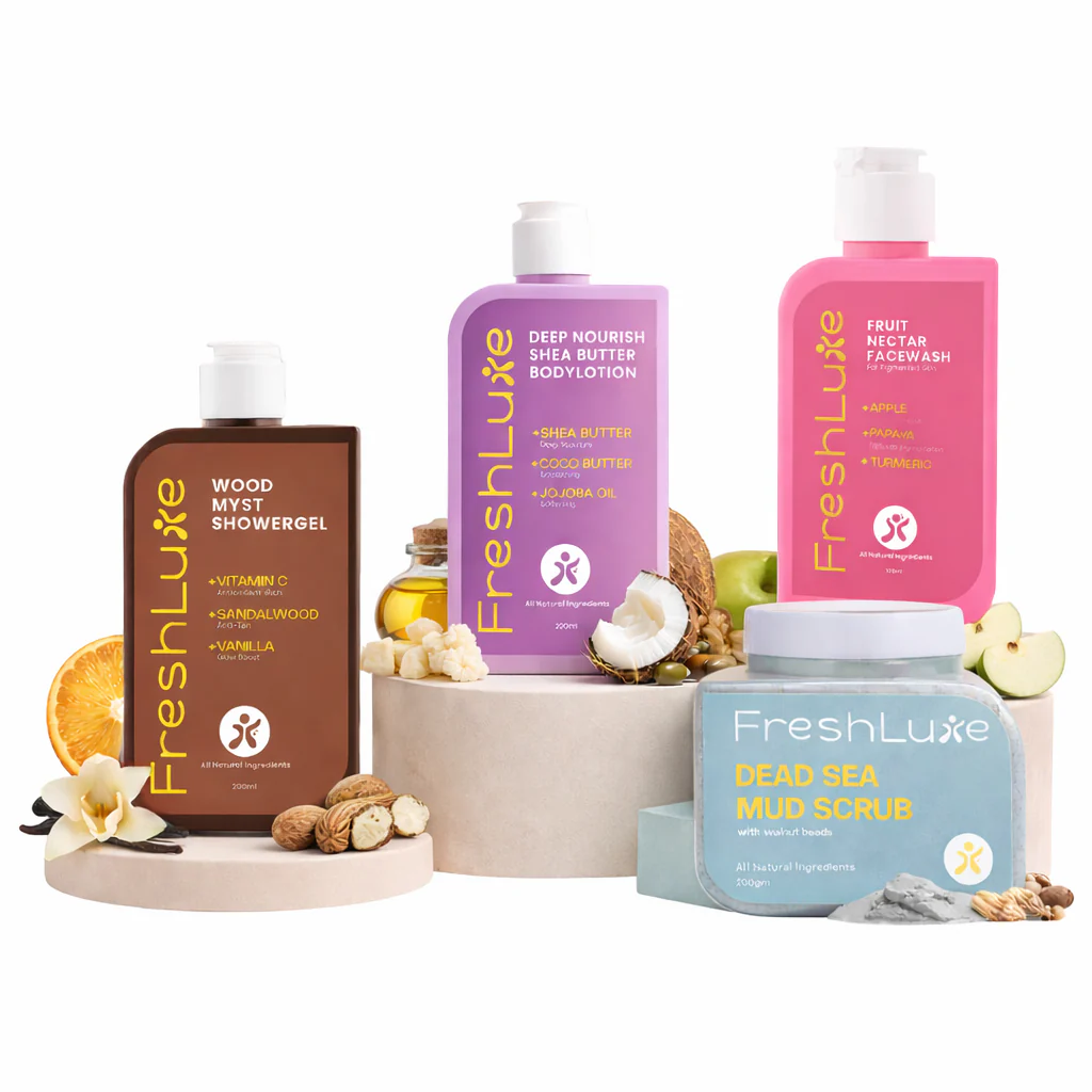 FreshLuxe Detan Combo | AYUSH-Approved | Shea Butter, Dead Sea Mud, Vitamin C & Lactic Acid | Body Lotion, Shower Gel & Scrub.