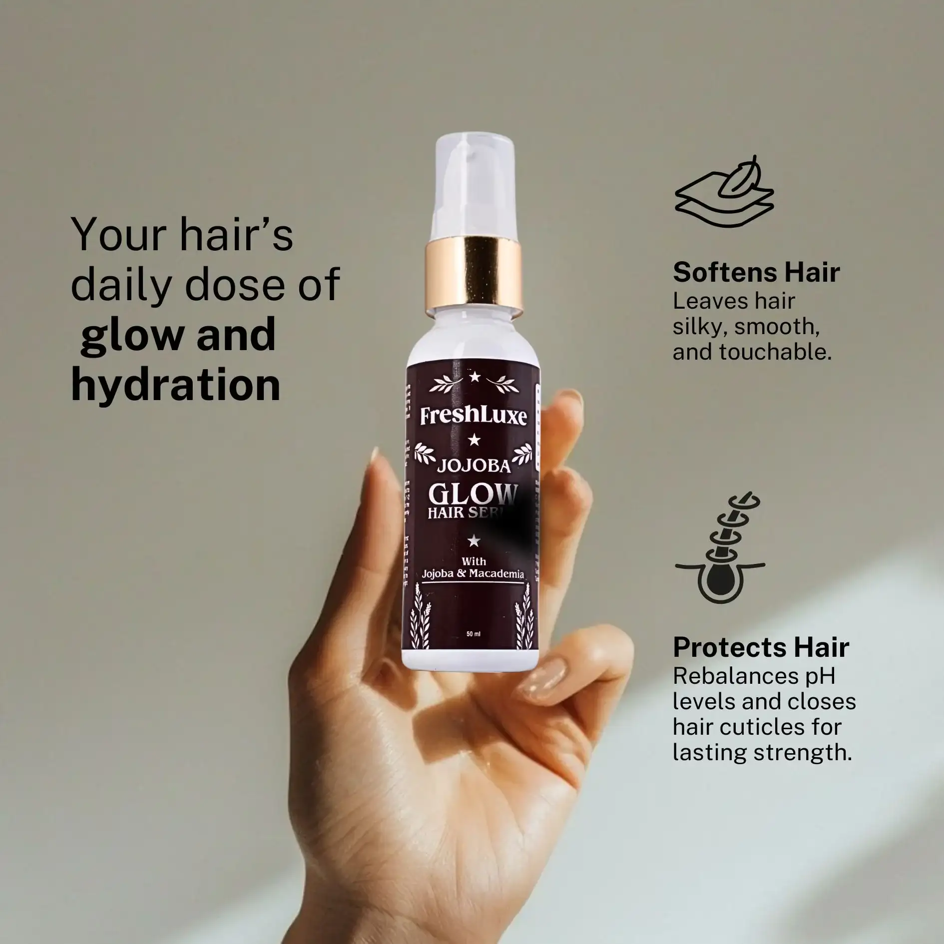 FreshLuxe Macadamia & Jojoba Hair Serum | Restores Natural Shine & Tames Flyaways | 50 ml - Image 3