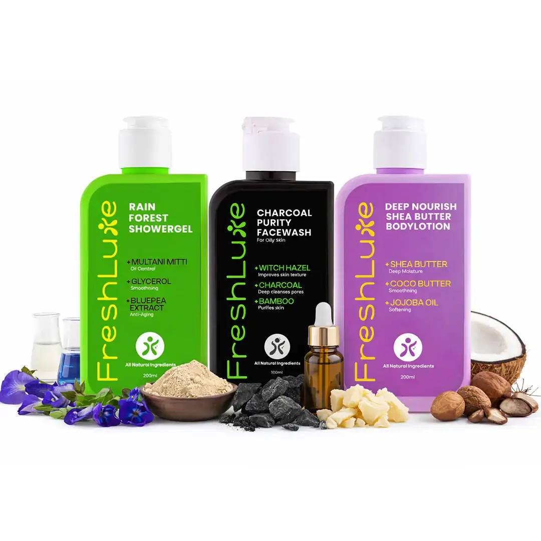 FreshLuxe Oily Skin Combo | AYUSH-Approved |Multani Mitti, Charcoal, Glycerol & Shea Butter body Lotion for oil-free skin.