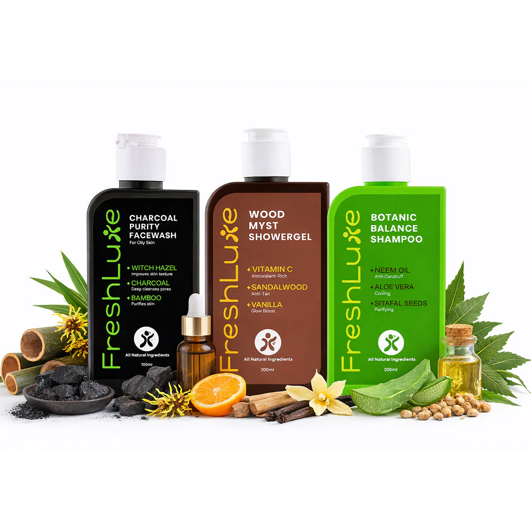 FreshLuxe Pollution Free Skin Combo | AYUSH-Approved | Charcoal, Vitamin C & Neem-Aloe Shampoo for clear and pollution-free skin.