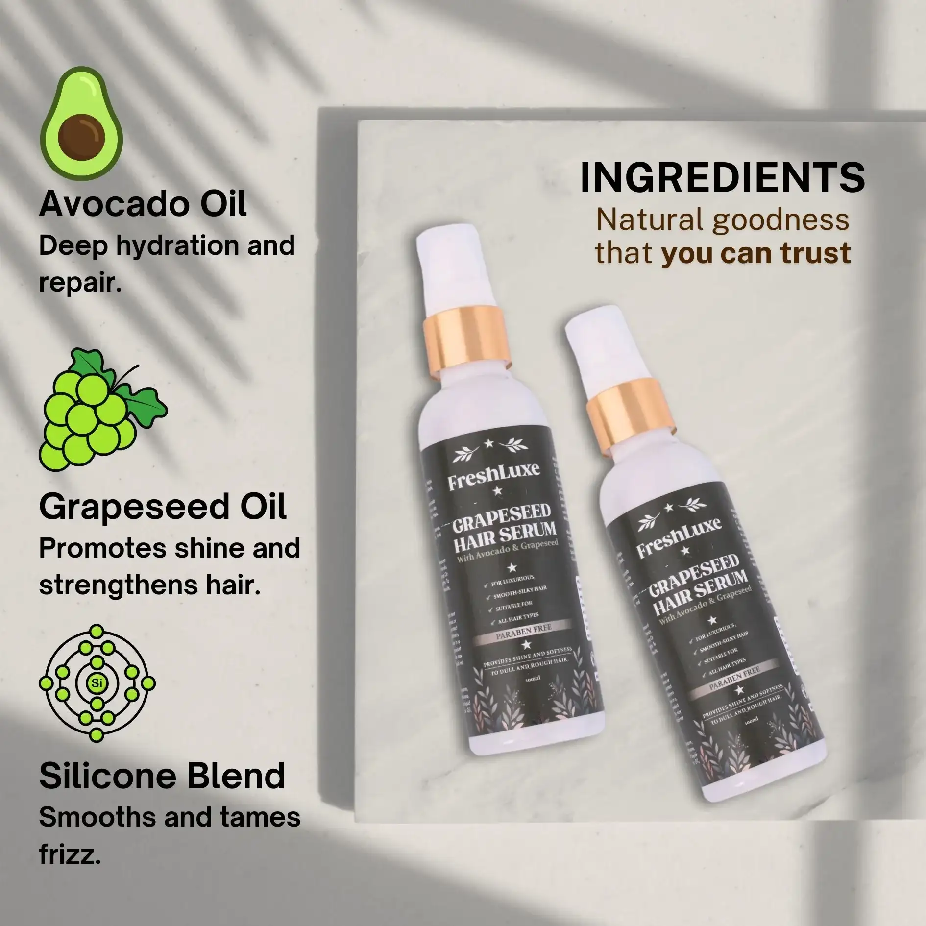 FreshLuxe Silk Hair Serum |  Frizz Control & Shine with Grapeseed and Avocado Oils | 100 ml - Image 4