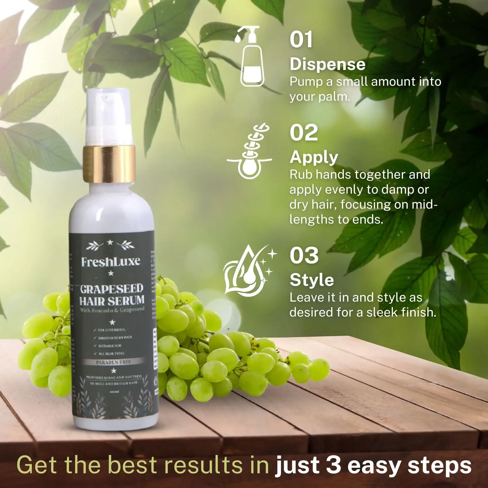 FreshLuxe Silk Hair Serum |  Frizz Control & Shine with Grapeseed and Avocado Oils | 100 ml - Image 6