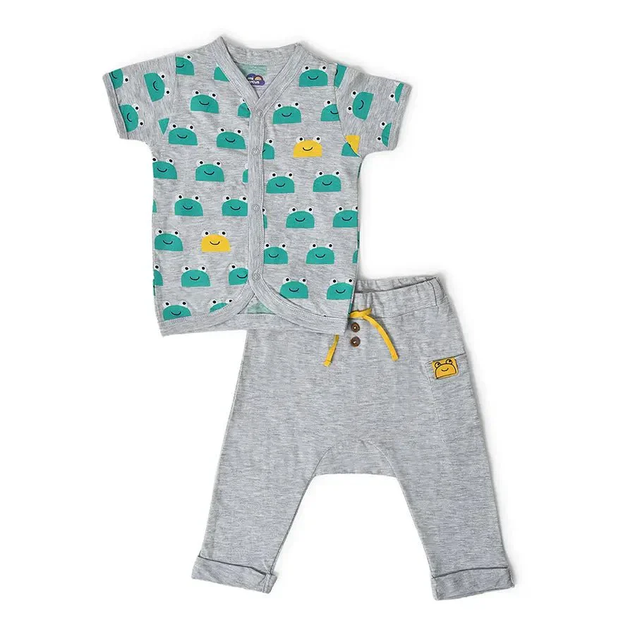 Frog Face Print Front Open Vest & Pyjama Set