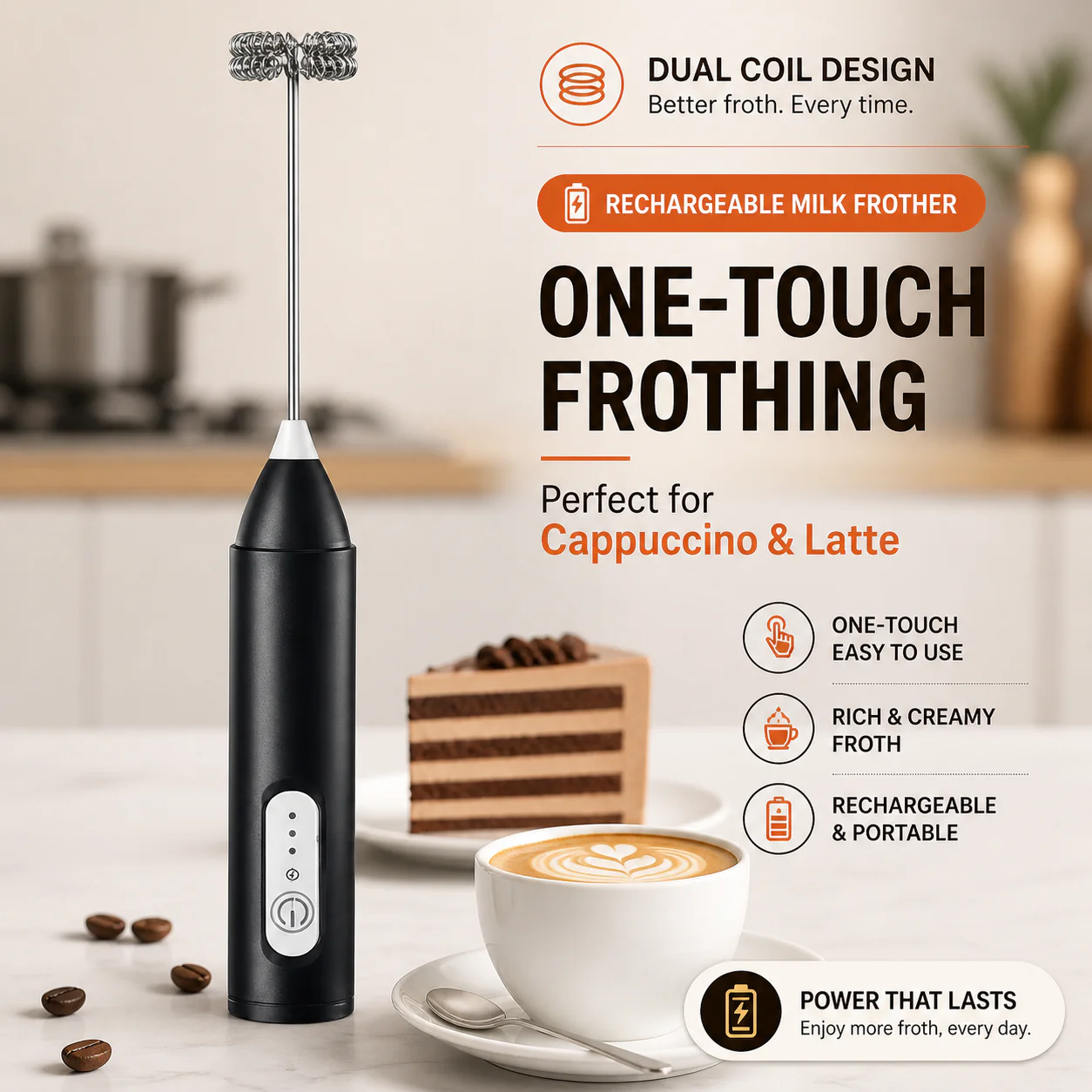 Rechargeable Electric Milk Frother with Turbo Speed | 1-Hour Continuous Whisking | Café-Style Foam at Home | USB Rechargeable - Image 4