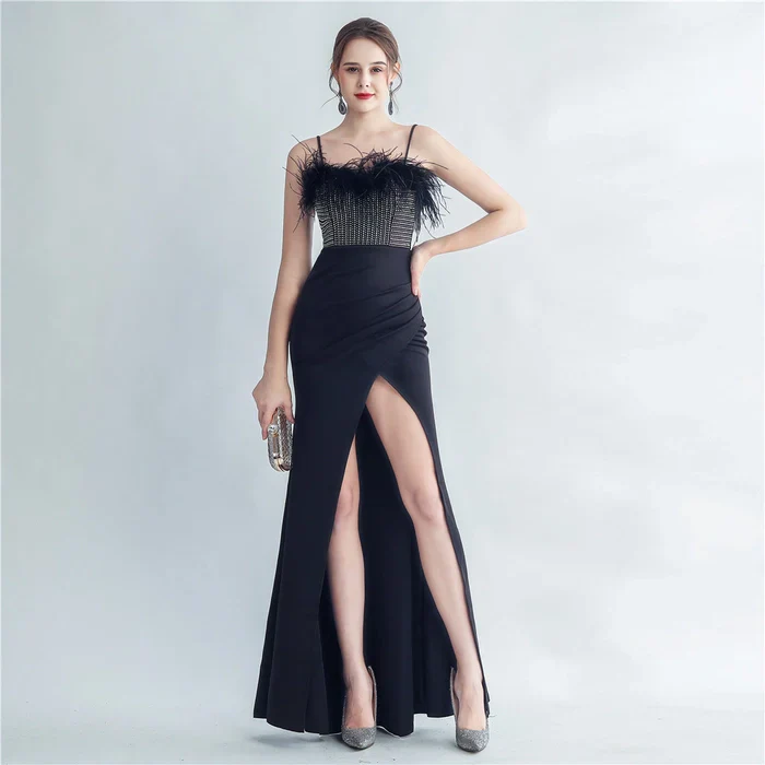 Fur and Rhinestone Cocktail Thigh Slit Gown