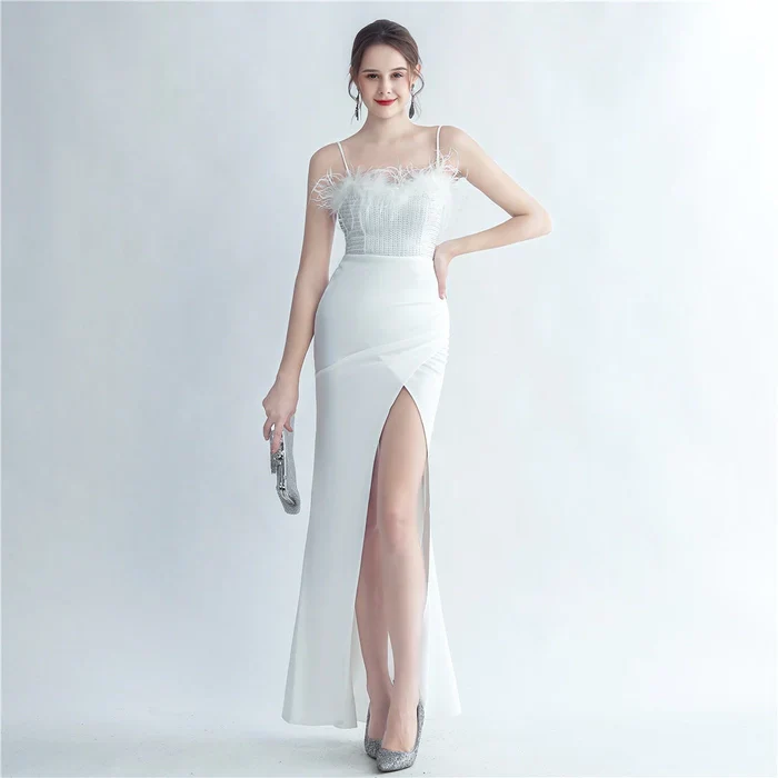 Fur and Rhinestone Cocktail Thigh Slit Gown - Image 2