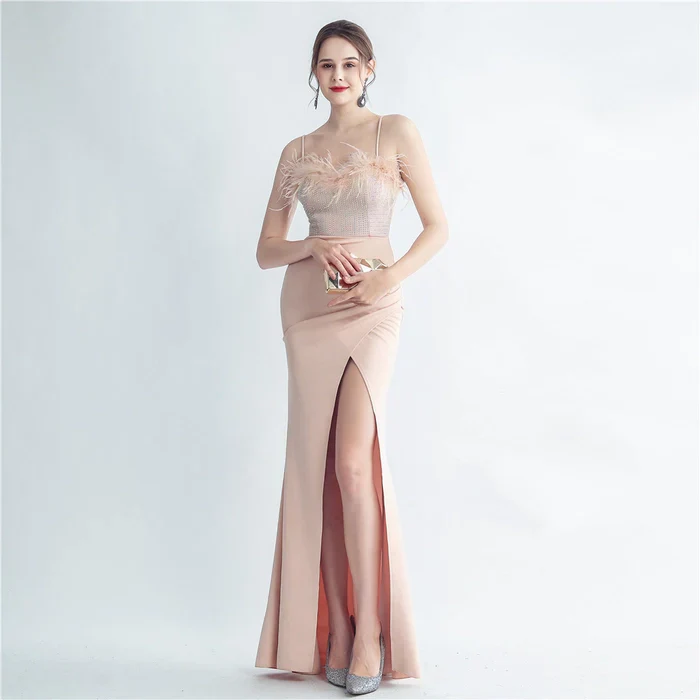 Fur and Rhinestone Cocktail Thigh Slit Gown - Image 4