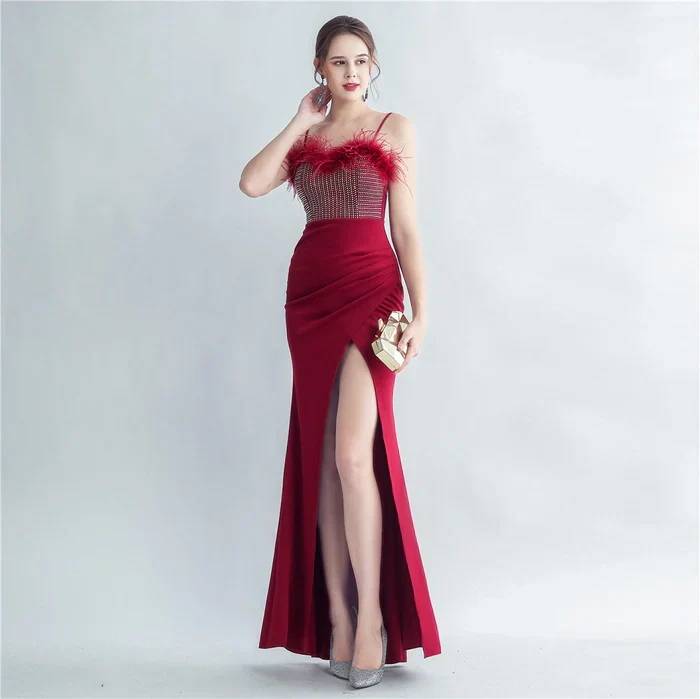 Fur and Rhinestone Cocktail Thigh Slit Gown - Image 5