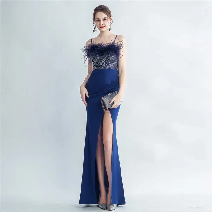 Fur and Rhinestone Cocktail Thigh Slit Gown - Image 6