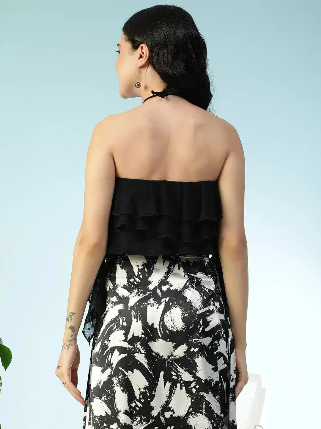 Galaxy Solid Black Tie-Up Detail & Ruffle Accents Swiss Dot Dobby Chiffon Women Halter Crop Top - Image 5