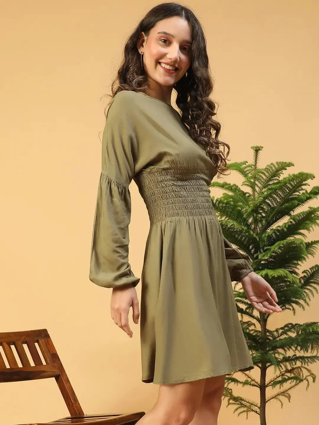Gallant Green Long Sleeve With Smocking Waist Women Dress - Image 4