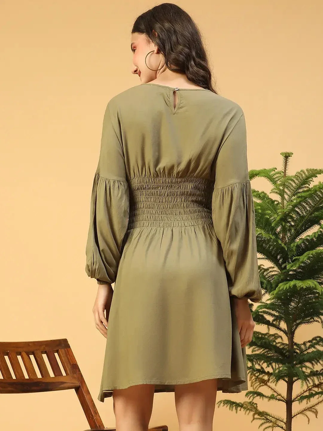 Gallant Green Long Sleeve With Smocking Waist Women Dress - Image 5