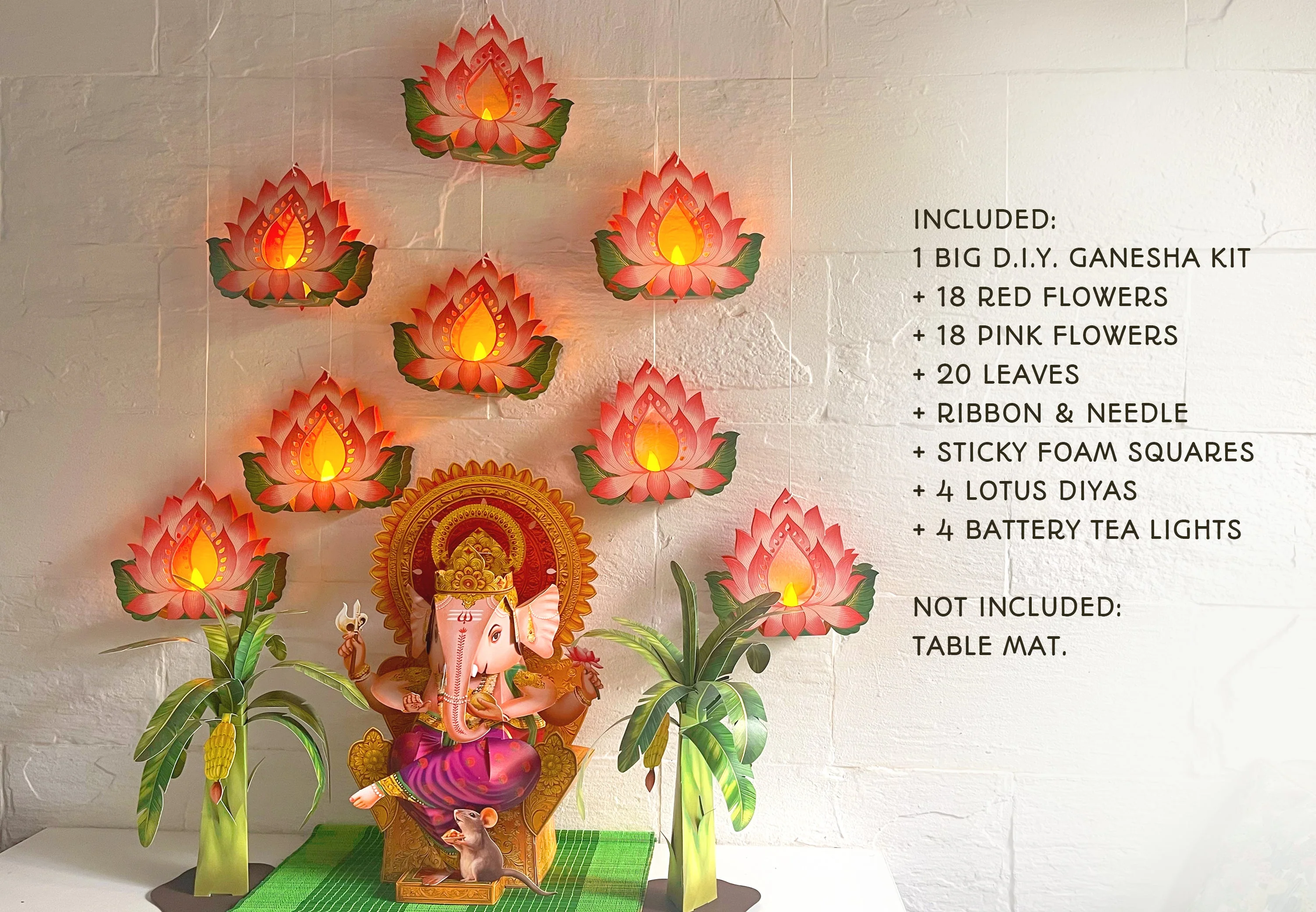 Ganpati Decor Combo Saver 10 - Big Ganesha + 2 Banana Trees + 8 Lotus Diyas with Tea Lights - Image 2