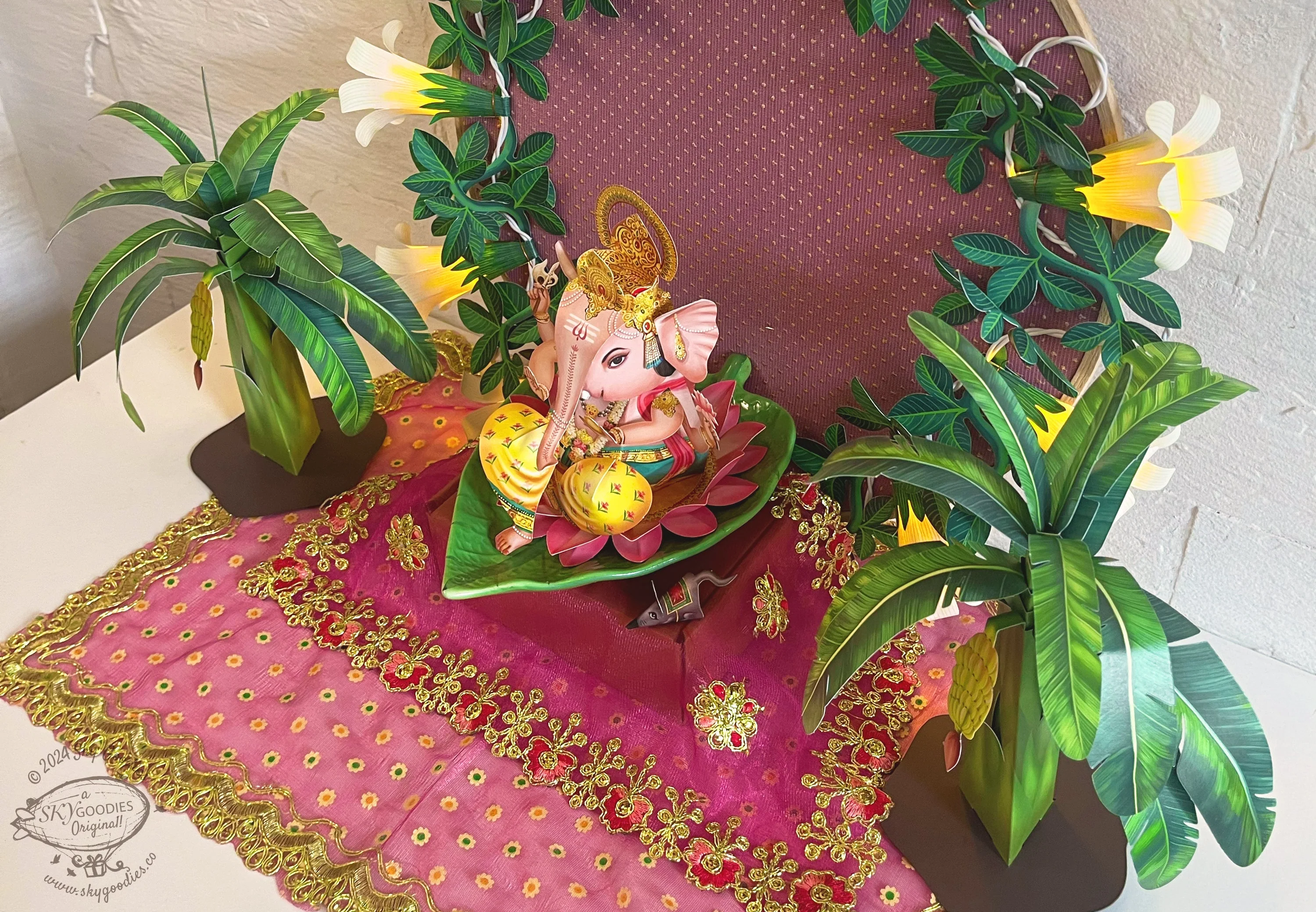 Ganpati Decor Combo Saver 3 - DIY Ganpati + White Flower Fairy Lights + 2 Banana Trees - Image 12