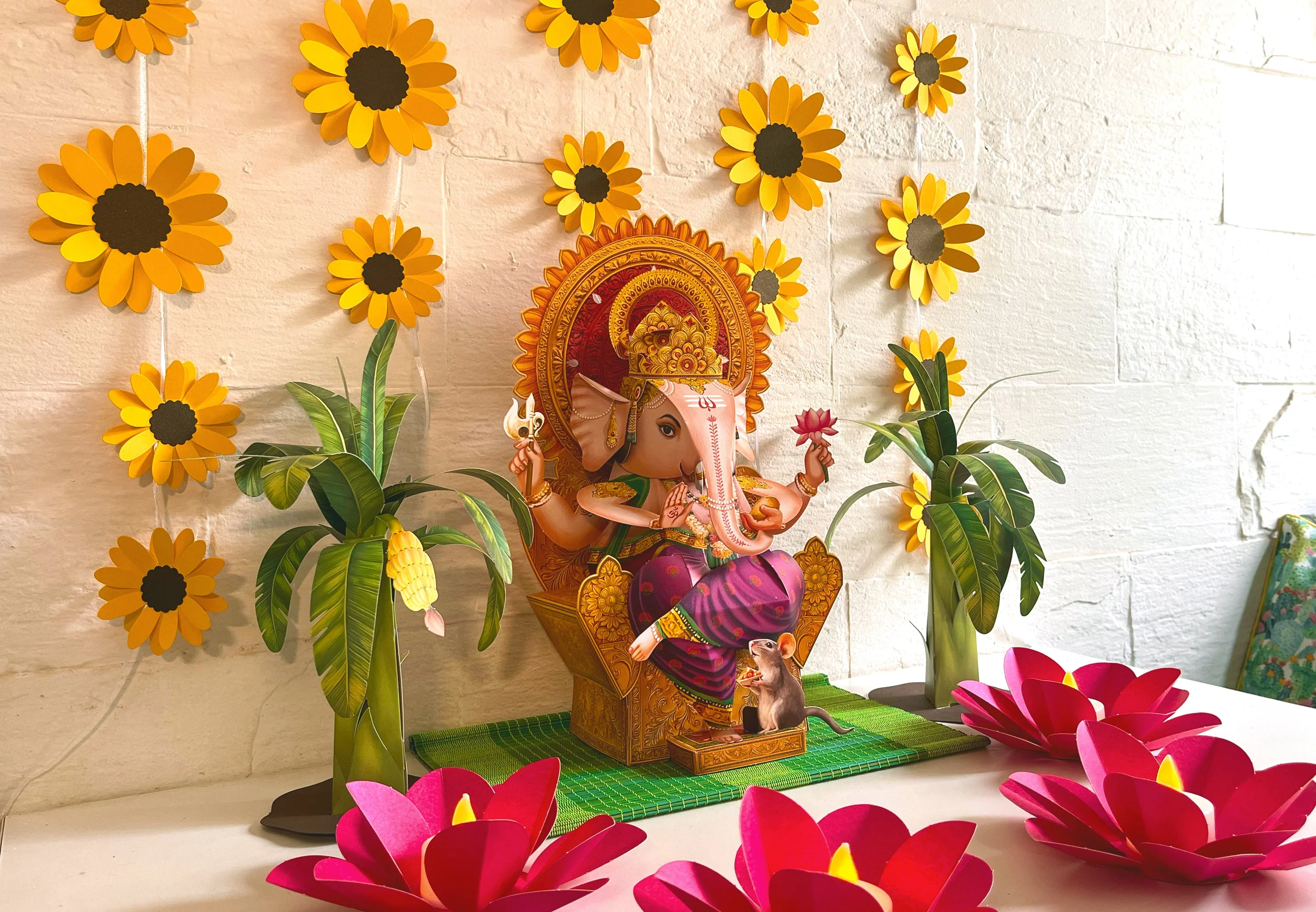 Ganpati Decor Combo Saver 9 - Big Ganesha + 36 Sunflowers + 2 Banana Trees + 4 Lotus Diyas - Image 3