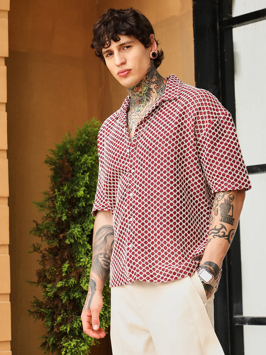 Geometric-Crochet Cuban Oversized Shirt - Image 3