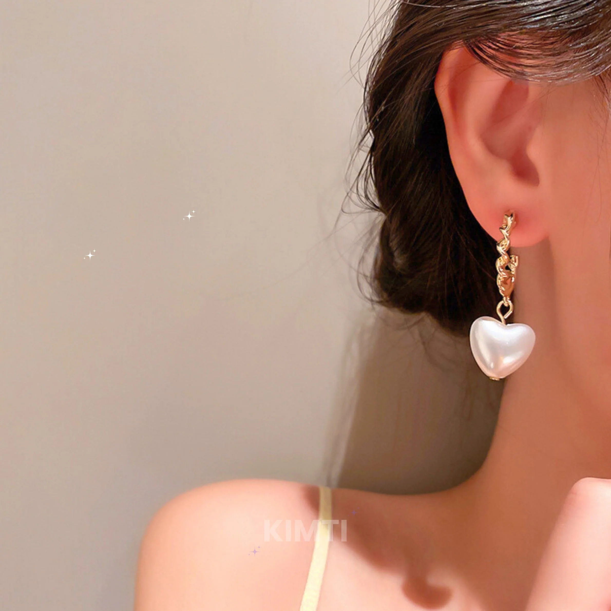 Geometric Heart Pearl Drop Hoop Earring - Image 3