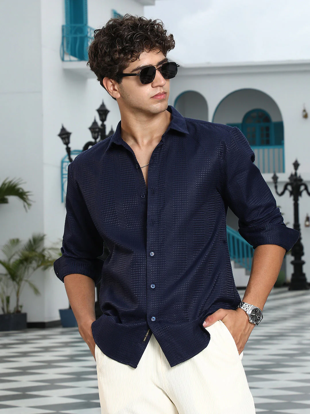 Geometric-Panel Jacquard Shirt