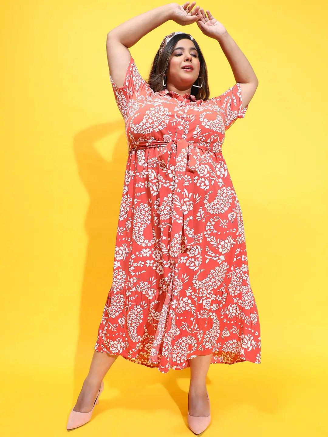 Glam Rust Floral Print Button Down Plus Size Curvy Dress - Image 3