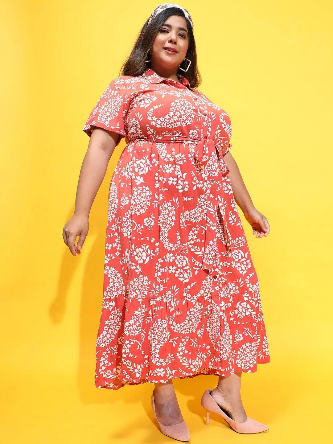 Glam Rust Floral Print Button Down Plus Size Curvy Dress - Image 5