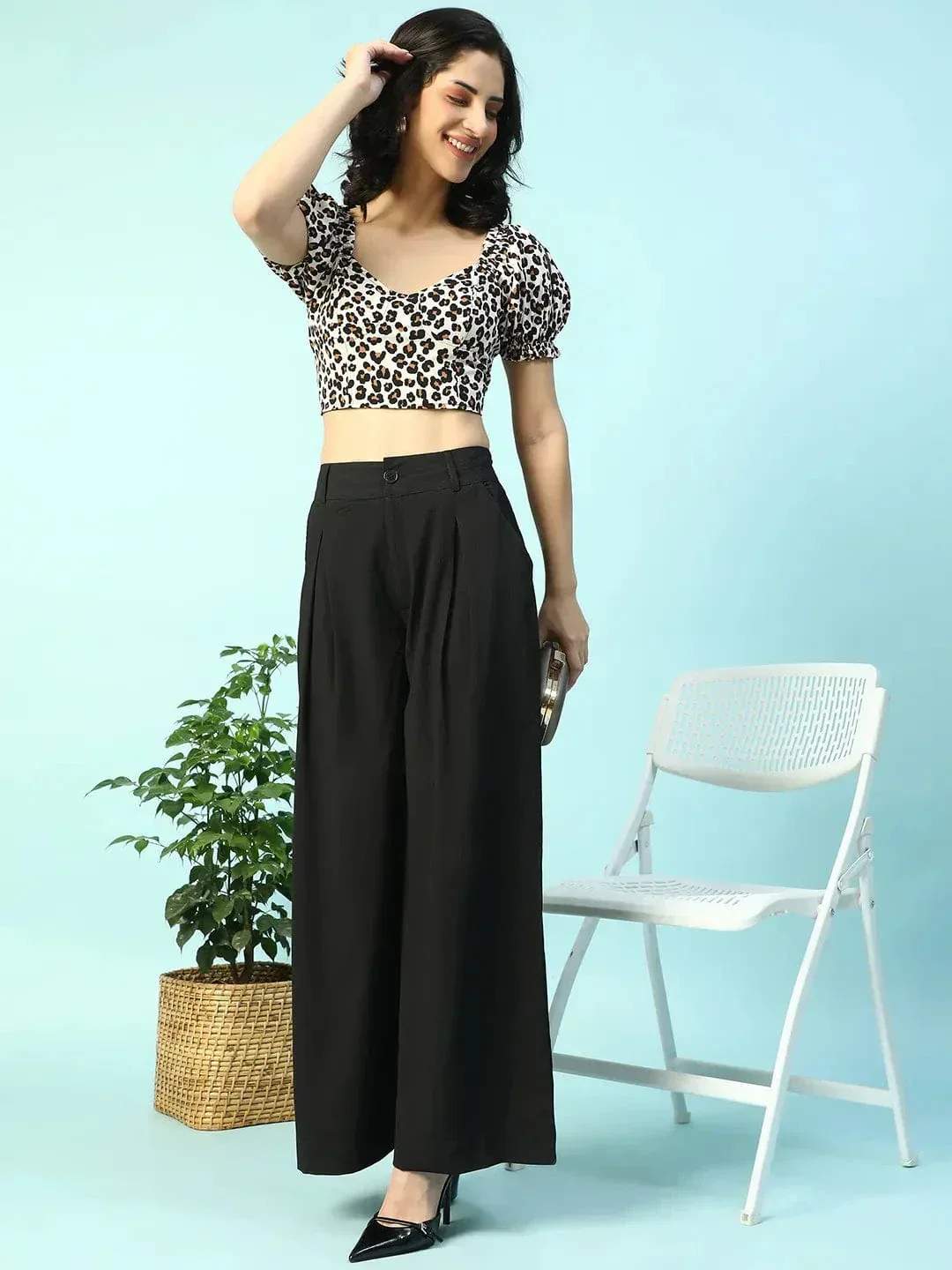 Glamify Black Floral Print Smocking Detail Women Crop Top - Image 8