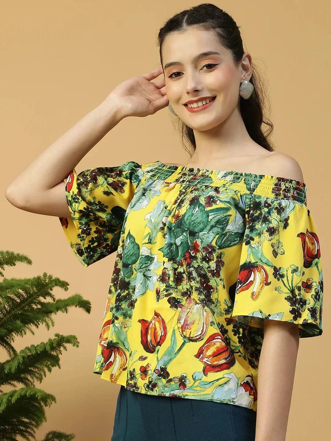 Glammed Yellow Floral Print Short Sleeve Women Off-Shoulder Top - Image 3