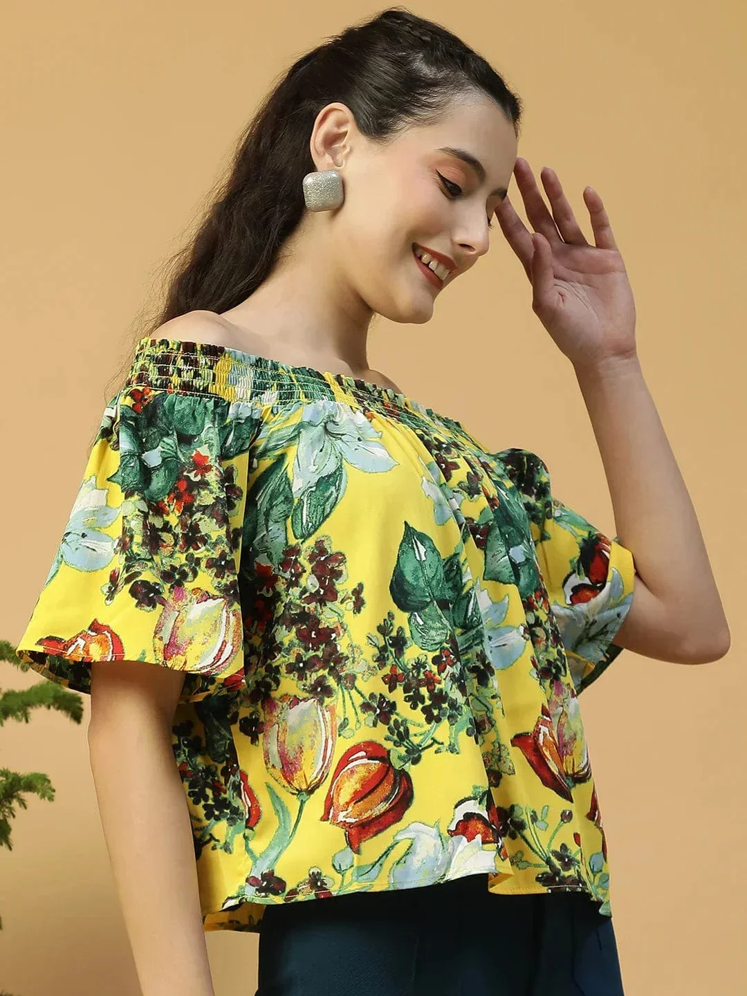 Glammed Yellow Floral Print Short Sleeve Women Off-Shoulder Top - Image 4