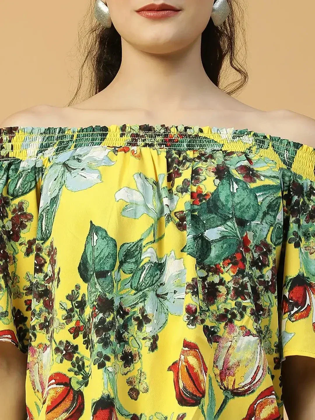 Glammed Yellow Floral Print Short Sleeve Women Off-Shoulder Top - Image 6