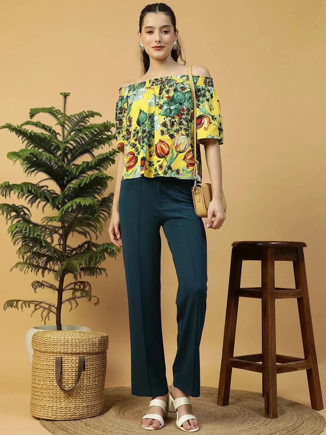 Glammed Yellow Floral Print Short Sleeve Women Off-Shoulder Top - Image 8
