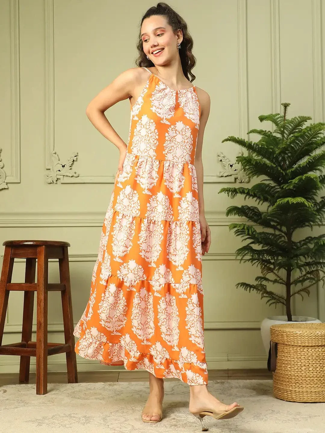 Glamorized Orange Tropical Print Shoulder Strap Long Flare Maxi Women Dress - Image 3