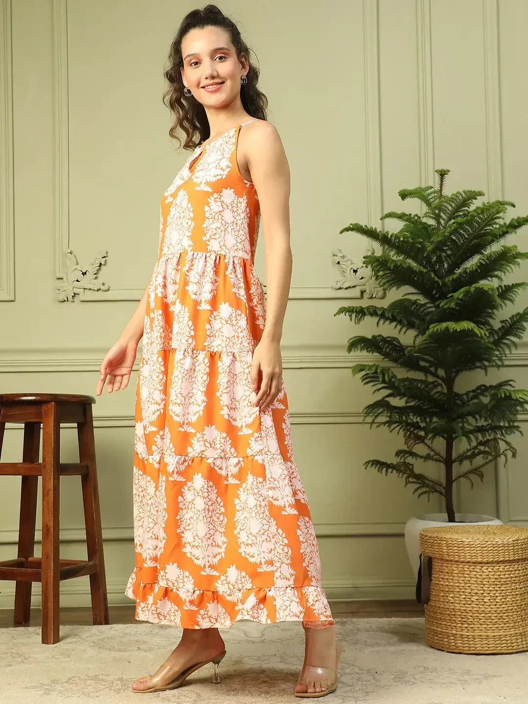 Glamorized Orange Tropical Print Shoulder Strap Long Flare Maxi Women Dress - Image 4