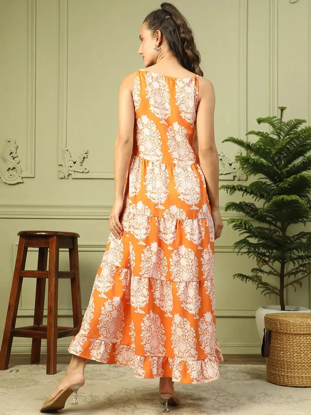 Glamorized Orange Tropical Print Shoulder Strap Long Flare Maxi Women Dress - Image 6