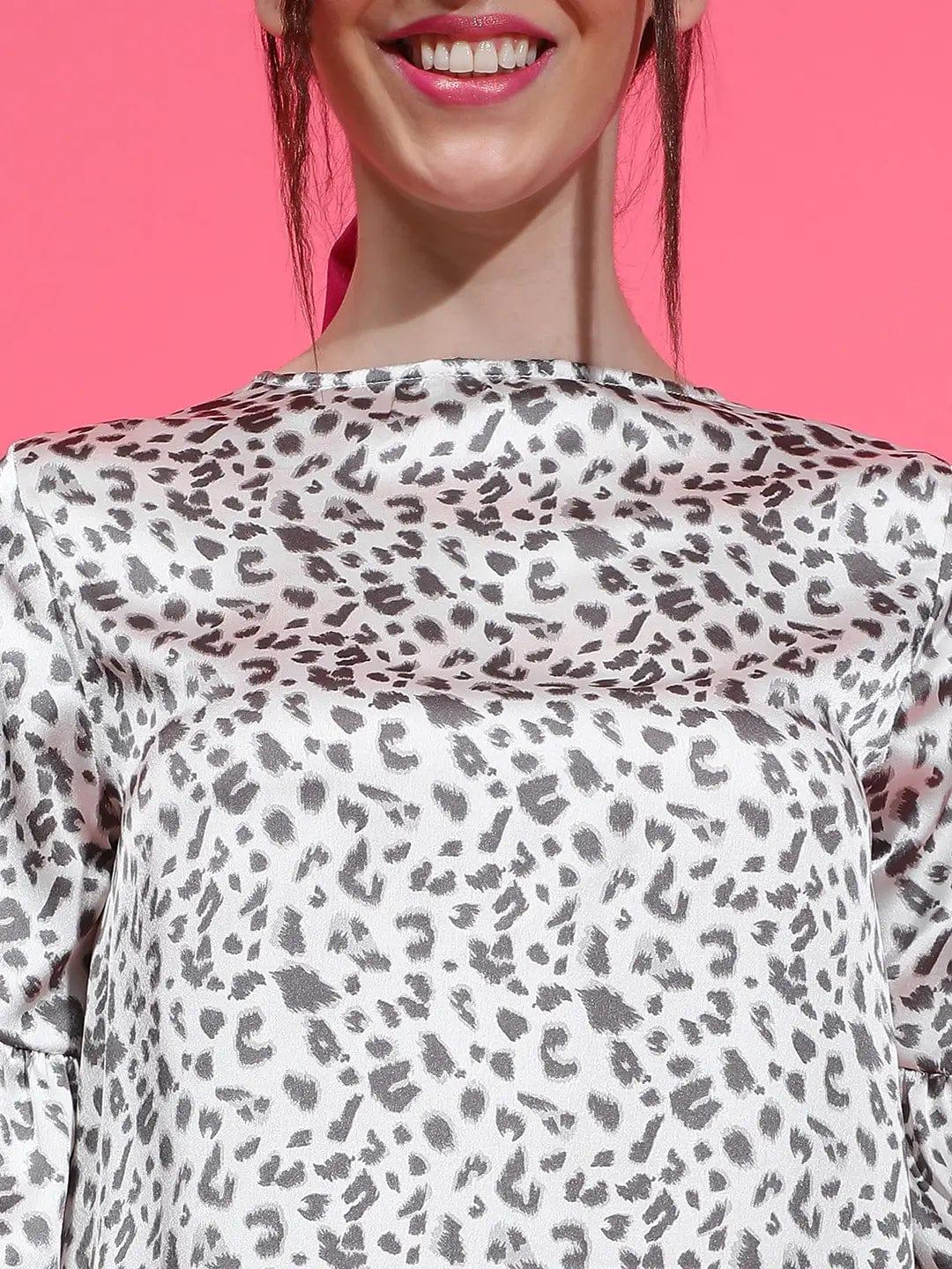 Glamour Grey Animal Print Satin Nightwear Women Top - Image 5