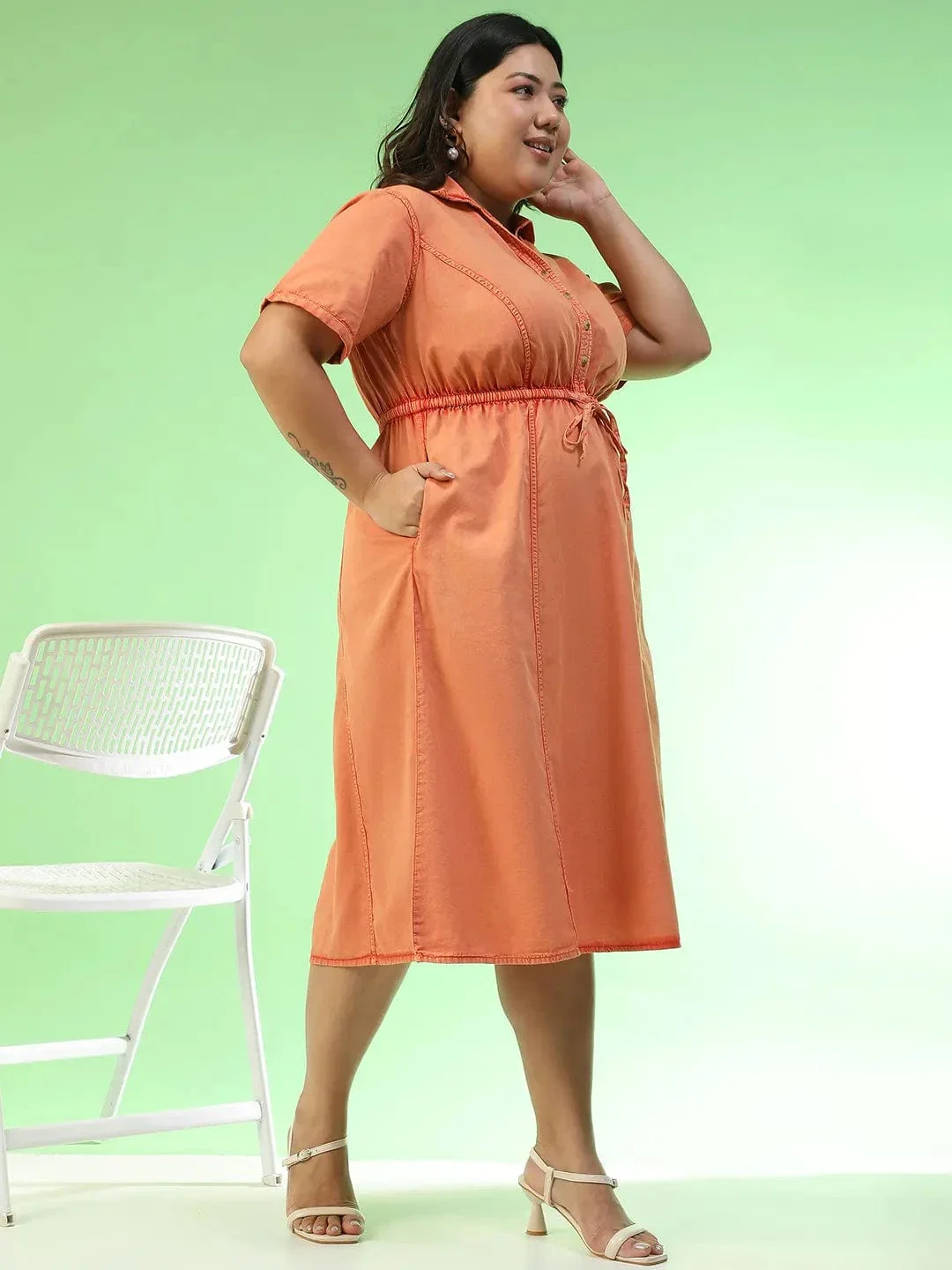 Glamoured Orange Collared Short Sleeve Elasticated Tie-Up Detail Button Down Plus Size Women Cotton Dress - Image 4