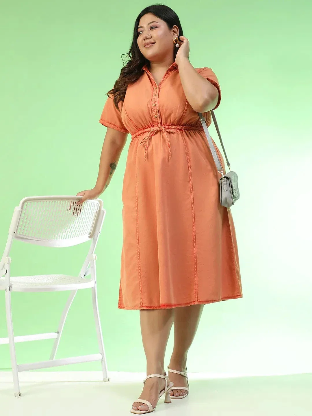 Glamoured Orange Collared Short Sleeve Elasticated Tie-Up Detail Button Down Plus Size Women Cotton Dress - Image 7