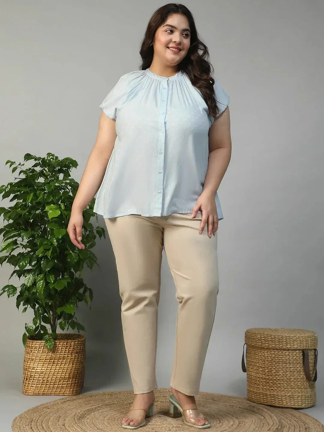 Glare Blue Gather Detail Short Sleeve Button Down Rayon Swiss Dot Dobby Plus Size Women Shirt