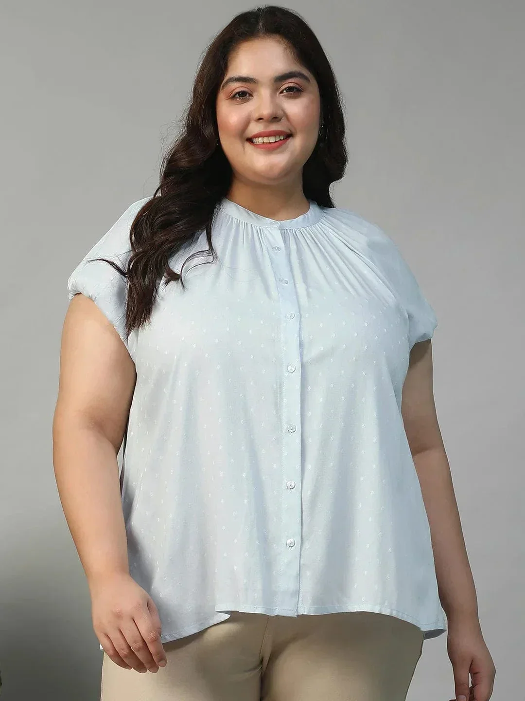Glare Blue Gather Detail Short Sleeve Button Down Rayon Swiss Dot Dobby Plus Size Women Shirt - Image 2